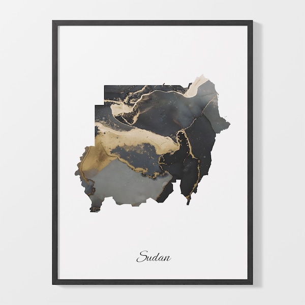 Soedan Art Print, Soedanese kaartposter, elegant landkunstwerk, zwart en goud SD-schilderij, ontwerperkaartkunst, C25-172