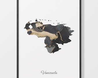 Venezuela Art Print, Venezuelan Map Poster, Elegant Country Artwork, Black and Gold VE Painting, Modern art piece, C25-194