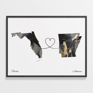 Florida naar Arkansas print, Arkansan cadeau, marmer twee landen kaart poster, reiskunst, nieuwe huiskaart, C22-1301