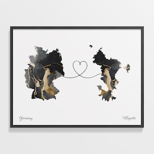 Germany to Mayotte Print, Mauritian Gift, Marble Two Countries Map Poster, Travel Art, Emigration, C22-516