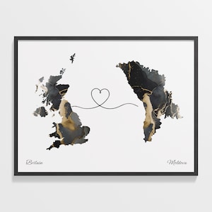 Britain to Moldova Print, Moldauische Geschenk, Marmor Zwei Länder Karte Poster, UK Wandkunst, Freundschaft, C22-321