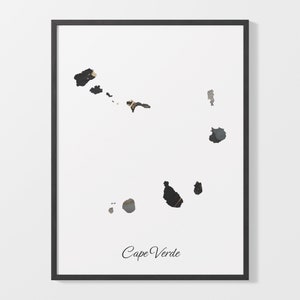 Impressão artística de Cabo Verde, pôster de mapa de Cabo Verde, arte elegante do país, pintura CV em preto e dourado, arte de mapa exclusiva, C25-33
