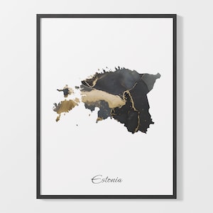 Estonia Art Print, Estonian Map Poster, Elegant Country Artwork, Black and Gold EE Painting, Luxury map poster, C25-57