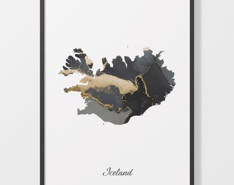 Iceland Art Print, Icelandic Map Poster, Elegant Country Artwork, Black and Gold IS Painting, Gold foil map print, C25-81