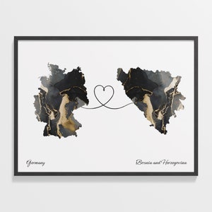 Deutschland nach Bosnien und Herzegowina Druck, Bosnische Geschenk, Marmor Zwei Länder Karte Poster, Reisekunst, Freundschaftsgeschenk, C22-421
