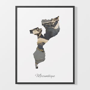 Mozambique Art Print, Mozambican Map Poster, Elegant Country Artwork, Black and Gold MZ Painting, Textured wall art, C25-126