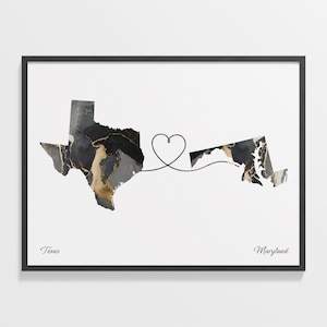 Moving Away Gift, Texas Maryland Connection Print, Gold Marble State Map