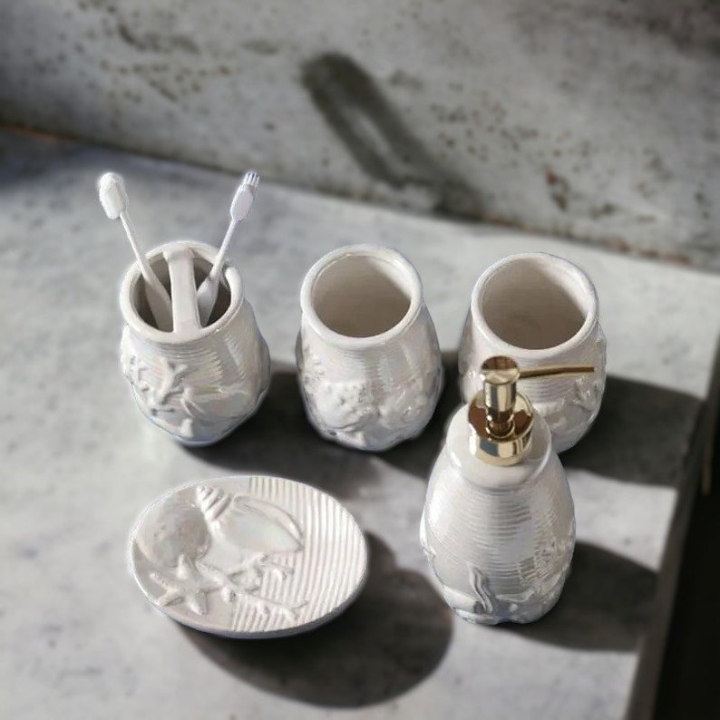 Ceramic Coral Bathroom Accessories Set Handmade Bathroom Storage and ...