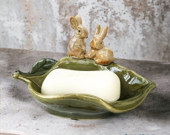 Cute Ceramic Rabbit Leaf Soap Dish | Minimalist  Nature Bathroom Soap Dish | Unique Animal Bathroom Decor | Bathroom Home Decor Gift