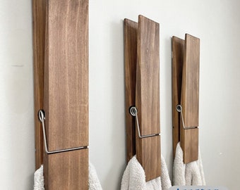 Jumbo Wäscheklammer Handtuchhalter | Handtuchhalter aus Holz | Landhaus Dekor | Badezimmer Dekor | Badezimmer Wand Stil