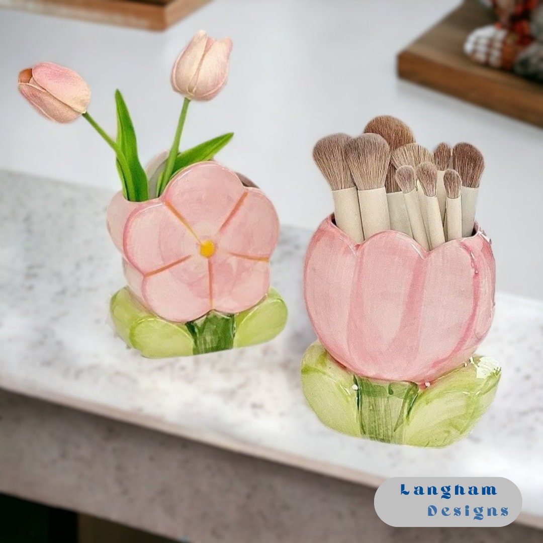 Ceramic Flower Bathroom Organiser Cute Toothbrush Makeup Pen Holder ...