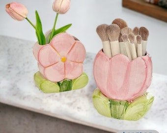 Organizzatore da bagno con fiori in ceramica / simpatico portapenne per trucco per spazzolino da denti / arredamento unico per la casa / regalo floreale di inaugurazione della casa per il bagno