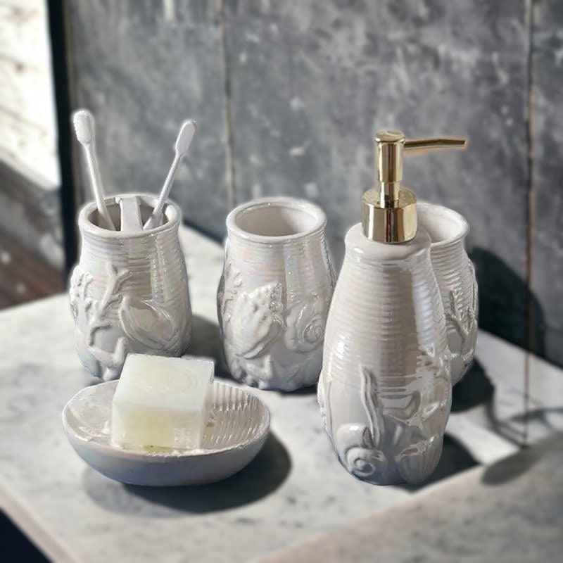 Ceramic Coral Bathroom Accessories Set Handmade Bathroom Storage and ...