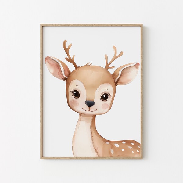 Affiche chambre enfant - Animaux de la forêt - Biche -  Décoration murale imprimable bébé - Idée cadeau de naissance