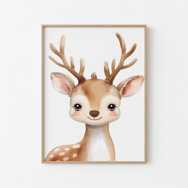 Affiche chambre enfant - Animaux de la forêt - Cerf -  Décoration murale imprimable bébé - Idée cadeau de naissance