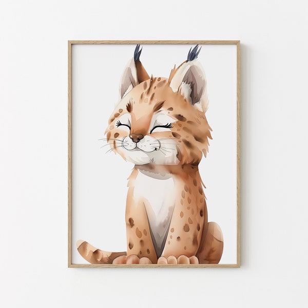 Affiche chambre enfant - Animaux aquarelle - Lynx - Nurserie - Cadeau de naissance