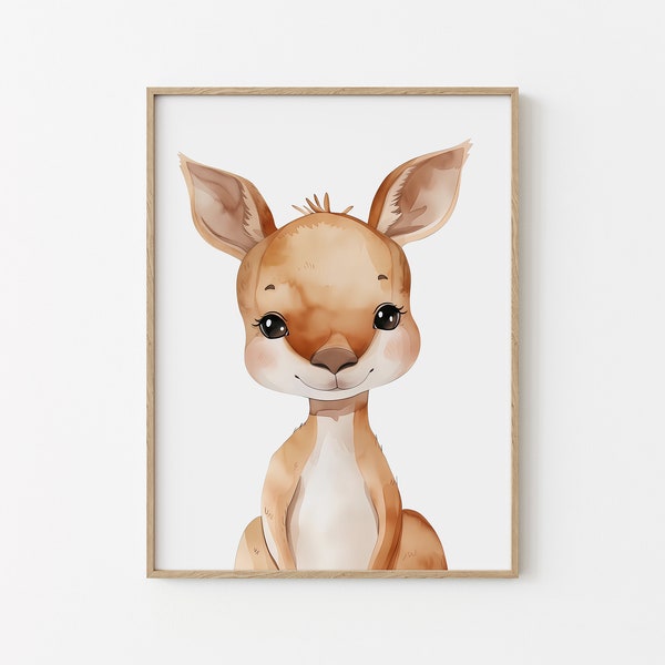 Affiche chambre enfant - Animaux aquarelle - Kangourou -  Décoration murale imprimable bébé - Idée cadeau de naissance