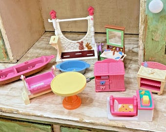 Vintage Fisher Price Loving Family Dollhouse Furniture Lot Nursery Canoe