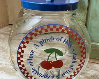 Vintage Gooseberry Patch Glass Cookie Jar Cherries Blue Lid Cottagecore Kitchen