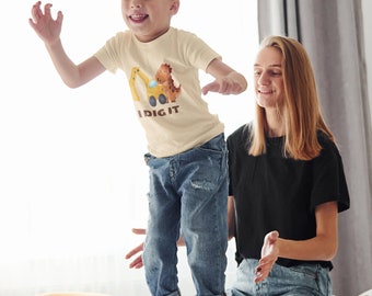 Dino-mite bouwvoertuigen peuter-T-shirt: perfect voor kleine bouwers en dino-liefhebbers! T-shirt met korte mouwen voor peuters