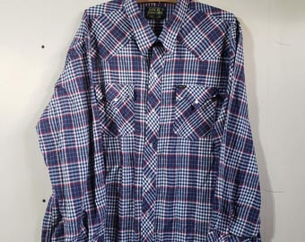 Bar-M Rancher vintage western pearl snap long sleeve button up shirt Blue Red White, Size XXL