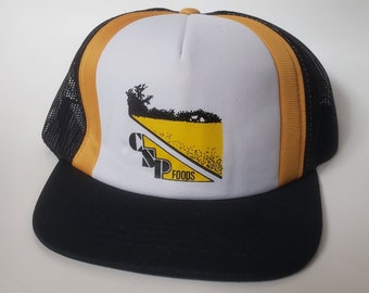 VINTAGE Retro 80s Black Yellow White Mesh Snap Back Trucker Hat Cap