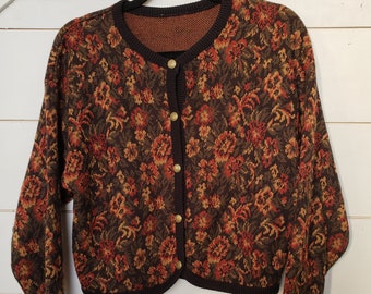 Vintage 1960s 1970s knit cropped cardigan sweater ornate metal buttons, floral print size M