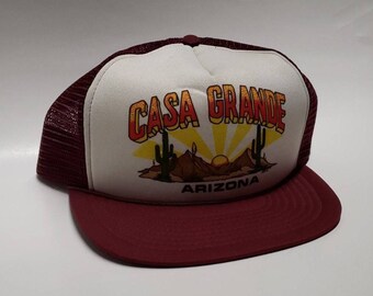 VINTAGE Retro 80s Casa Grande Arizona Red White Snap Back Trucker Hat Mesh Cap