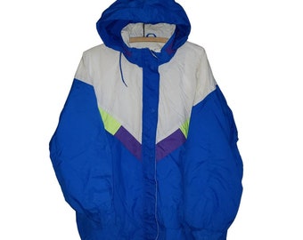 Vintage Ispo Blue Lime White Colourblock 90s Full Zip Hooded Windbreaker Jacket, size M Women's