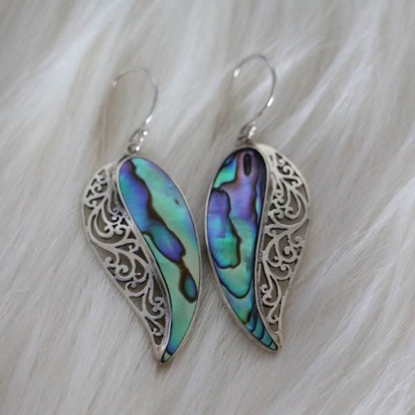 925 Sterling Silver Abalone Teardrop Earrings – Iridescent Shell, Elegant Filigree Design, Handcrafted Boho Chic Jewelry