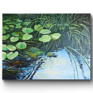 Original Oil Painting: Water Lilies Pond Landscape Art on Canvas (23&quot;x31&quot;)