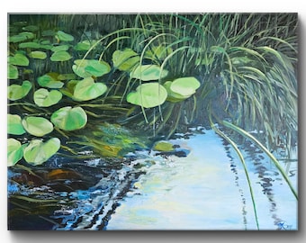 ボートと睡蓮の絵画、睡蓮の池のオリジナル水彩画、モネのジヴェルニー