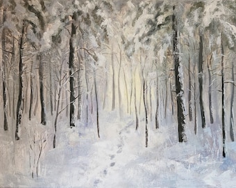 冬の風景 キャンバスに油絵、雪の森、雪の絵、冬のアートワーク