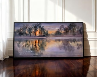 Artful Sunset Lake Painting Original Print, Misty Forest Reflection Landscape Printable Wall Art