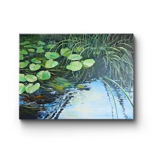 Original Oil Painting of Pond with Water Lilies and Reeds, Original Water Lily Landscape Art on Canvas,