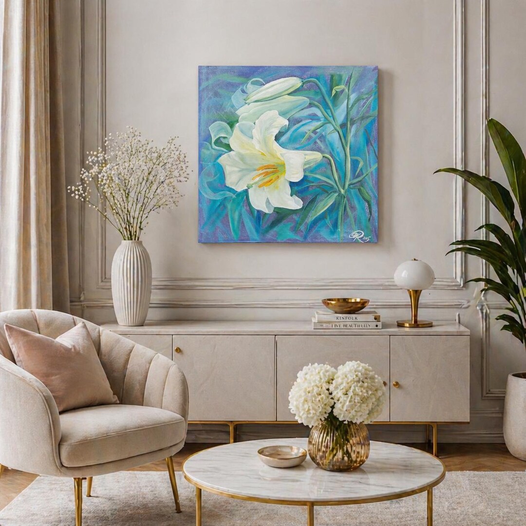 White Lily Flower Original Oil Painting, Floral Wall Art on Canvas ...