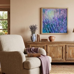 Bring the peaceful beauty of a wild lavender meadow into your home with this original oil painting.