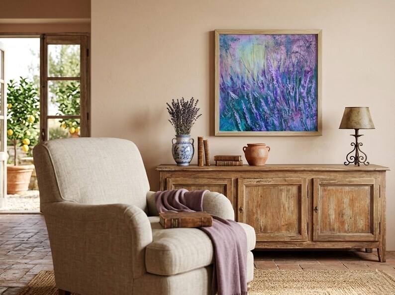 Bring the peaceful beauty of a wild lavender meadow into your home with this original oil painting.