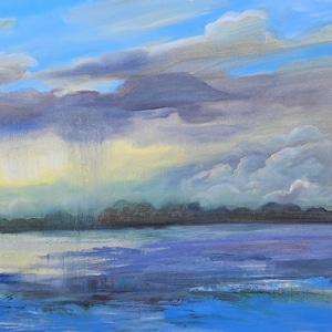 Original Lake Landscape Oil Painting on Canvas – Stormy Skies Over Water Wall Art with Blue and Gold Tones – Nature-Inspired Home Decor