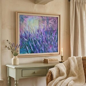 one-of-a-kind artwork captures the dreamlike flow of purple wildflowers and grasses swaying in a soft, abstracted landscape