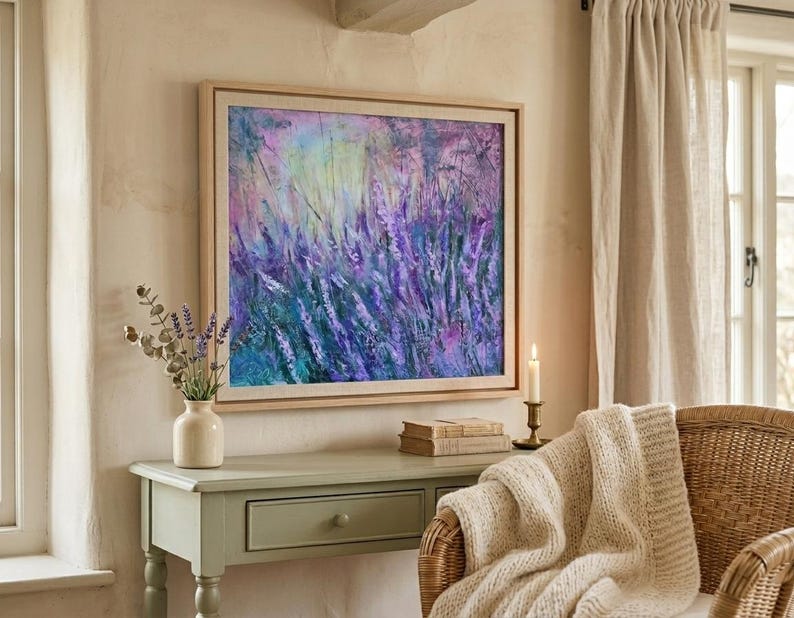 one-of-a-kind artwork captures the dreamlike flow of purple wildflowers and grasses swaying in a soft, abstracted landscape