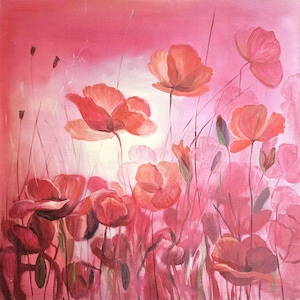 Red Poppies Original Art, Floral Wall Art on Canvas, Painting of Poppies