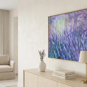 Abstract lavender flower painting with textured purple brushstrokes, pastel background, nature wall art, floral canvas, flower artful artwork.