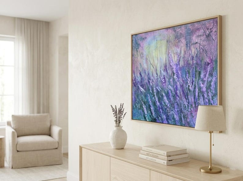Abstract lavender flower painting with textured purple brushstrokes, pastel background, nature wall art, floral canvas, flower artful artwork.