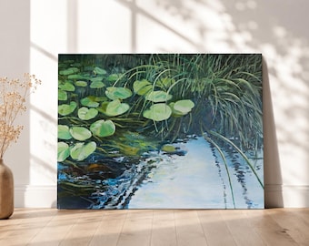 Water Lilies Pond Original Oil Painting, Lily Pads Large Original Landscape Wall Art