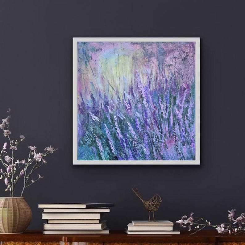 Abstract lavender field painting in soft purple, pink, and green tones with textured brushstrokes.