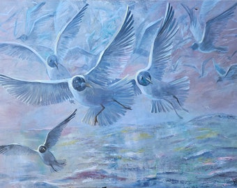 Seagull Wall Art, Oil Paintings on canvas 70x100cm, Abstract Seashore Painting Decor Living Room Art