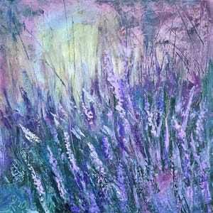 Textured abstract painting of a lavender field, featuring sweeping strokes of purple, lilac, and blue against a soft pastel background of pink, green, and yellow light.
