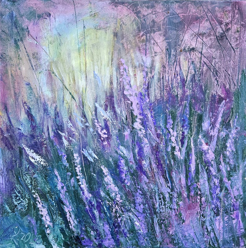 Textured abstract painting of a lavender field, featuring sweeping strokes of purple, lilac, and blue against a soft pastel background of pink, green, and yellow light.