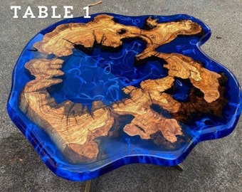 Round Resin Table | Live Edge Olive Table | Custom Epoxy Table | Blue Table Top | Handmade Resin Furniture | Living Room And Kitchen Table